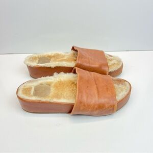 Beek Leather Women Size 9 Pelican Shearling Platform Slides Cognac Wool Leather